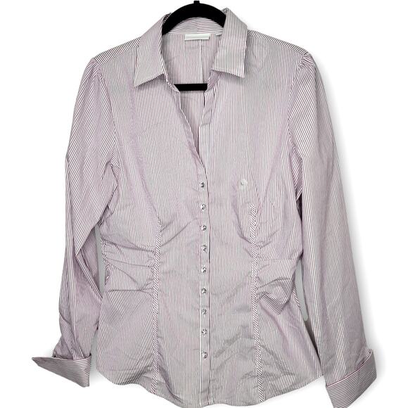 New York & Company Striped Crystal Buttons Collared Women Dress Shirt Sz L - Picture 1 of 10